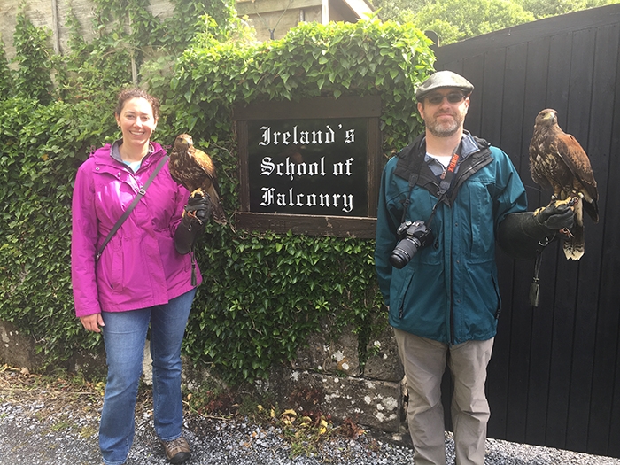 Jessica with a falcon at Ireland's School of Falconry
